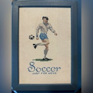 Vintage Soccer Cross-Stitch Art in Blue Frame